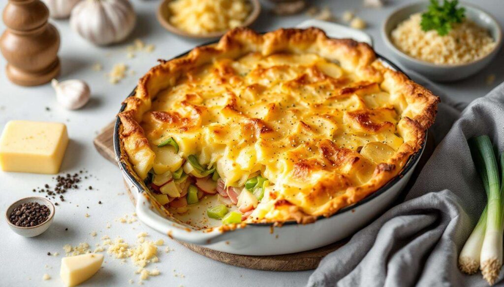 C’est le gratin sans béchamel que je prépare dès que je manque de temps (avec poireaux, pommes de terre et jambon)