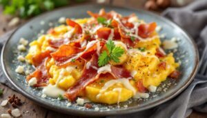 Ingrédients pour une polenta gratinée au gorgonzola et pancetta