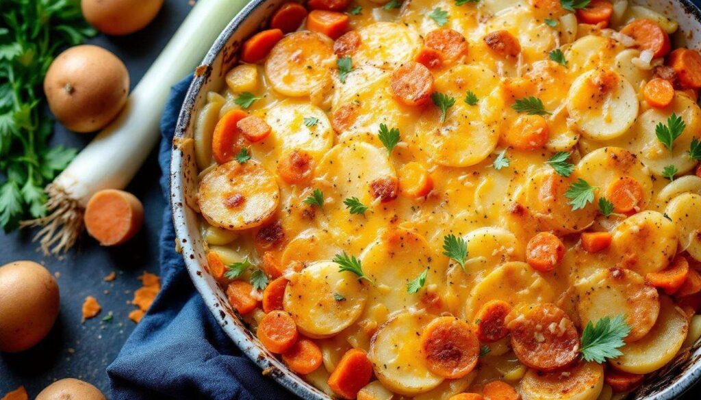 Gratin de pommes de terre, poireaux et carottes : fondant, doré à souhait et ultra facile à préparer