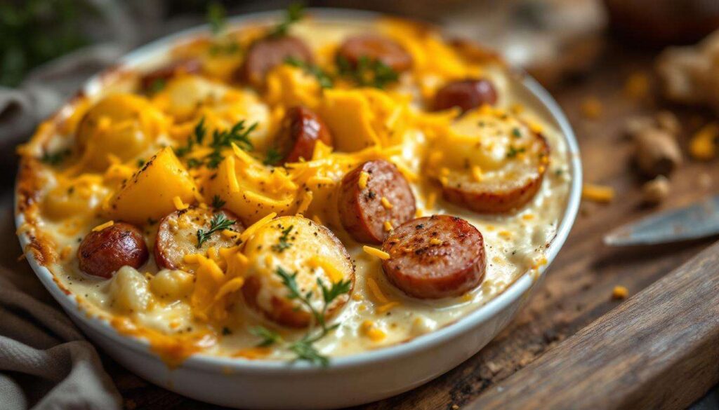 Gratin pommes de terre, saucisses de Strasbourg et cheddar : fondant et simple au four