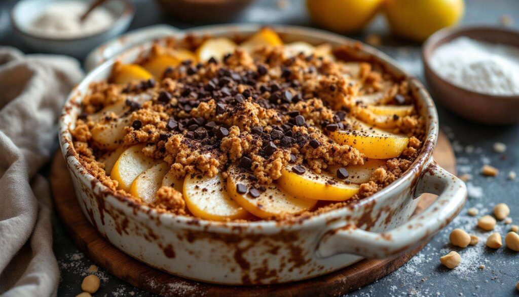 Quand poire, chocolat et noisette s’invitent au four : un crumble chaud irrésistible adoré par les gourmands