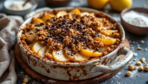 Quand poire, chocolat et noisette s’invitent au four : un crumble chaud irrésistible adoré par les gourmands