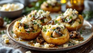 Envie d'un plat ultra doudou pour l’hiver ? Voilà les pommes de terre farcies aux champignons, herbes fraîches et fromage