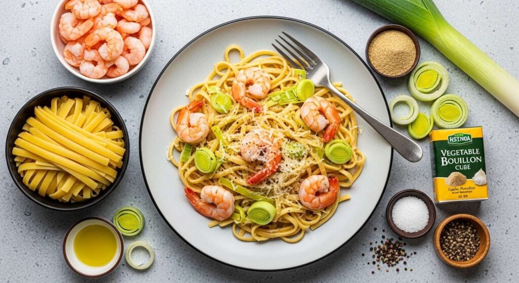 Linguine aux poireaux, crème onctueuse et crevettes vraiment gourmandes