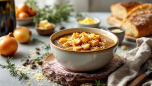Les soirées froides ne résistent pas à cette soupe à l’oignon maison : douceur caramélisée, croûtons dorés et fromage bien gratiné