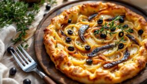 Tarte fine aux oignons caramélisés et anchois : la pissaladière niçoise en version express pour l'apéritif